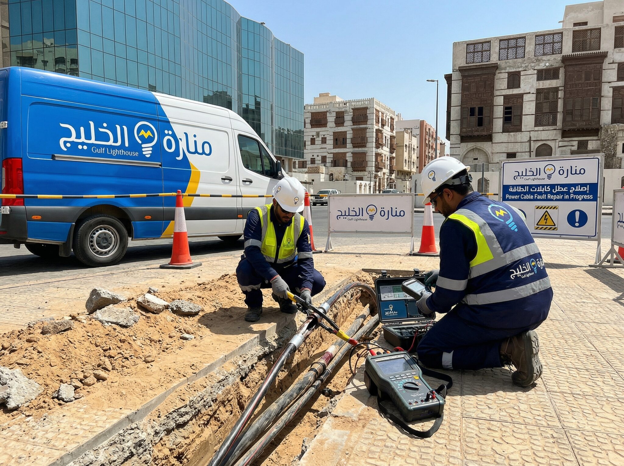 صورة توضيحية لعملية اصلاح اعطال الكابلات الكهربية بجدة باستخدام أحدث التقنيات