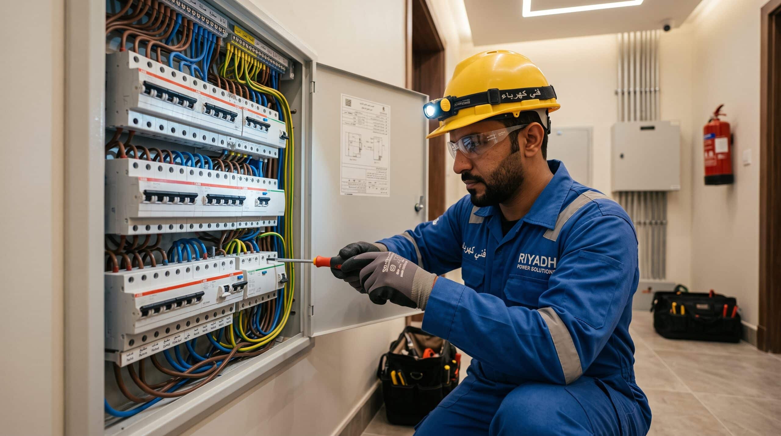 فني كهربائي منازل بالرياض يقوم بفحص لوحة مفاتيح كهربائية حديثة