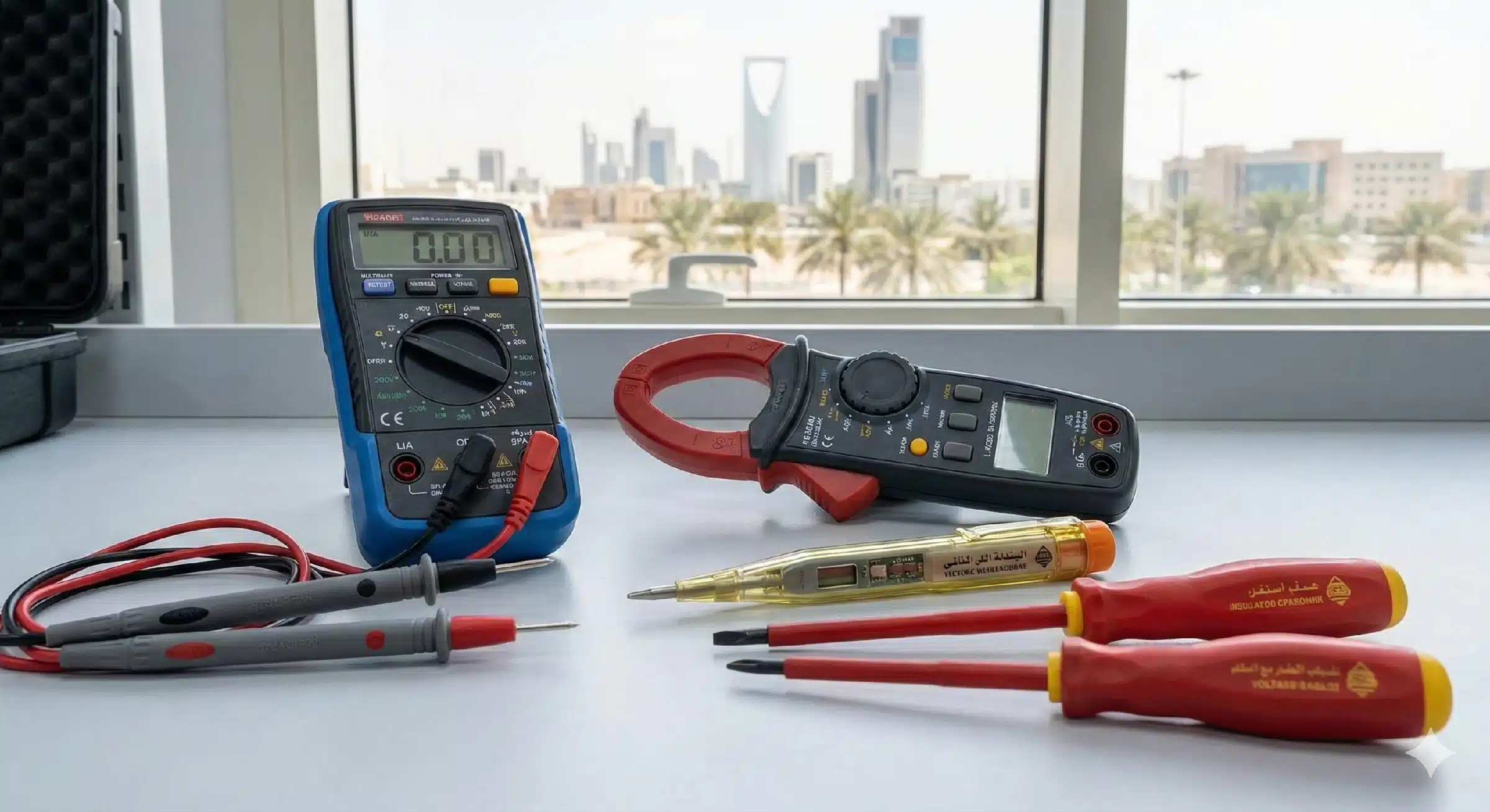 فني متخصص يقوم بعمل صيانة كهرباء المنازل في الرياض باستخدام أدوات حديثة