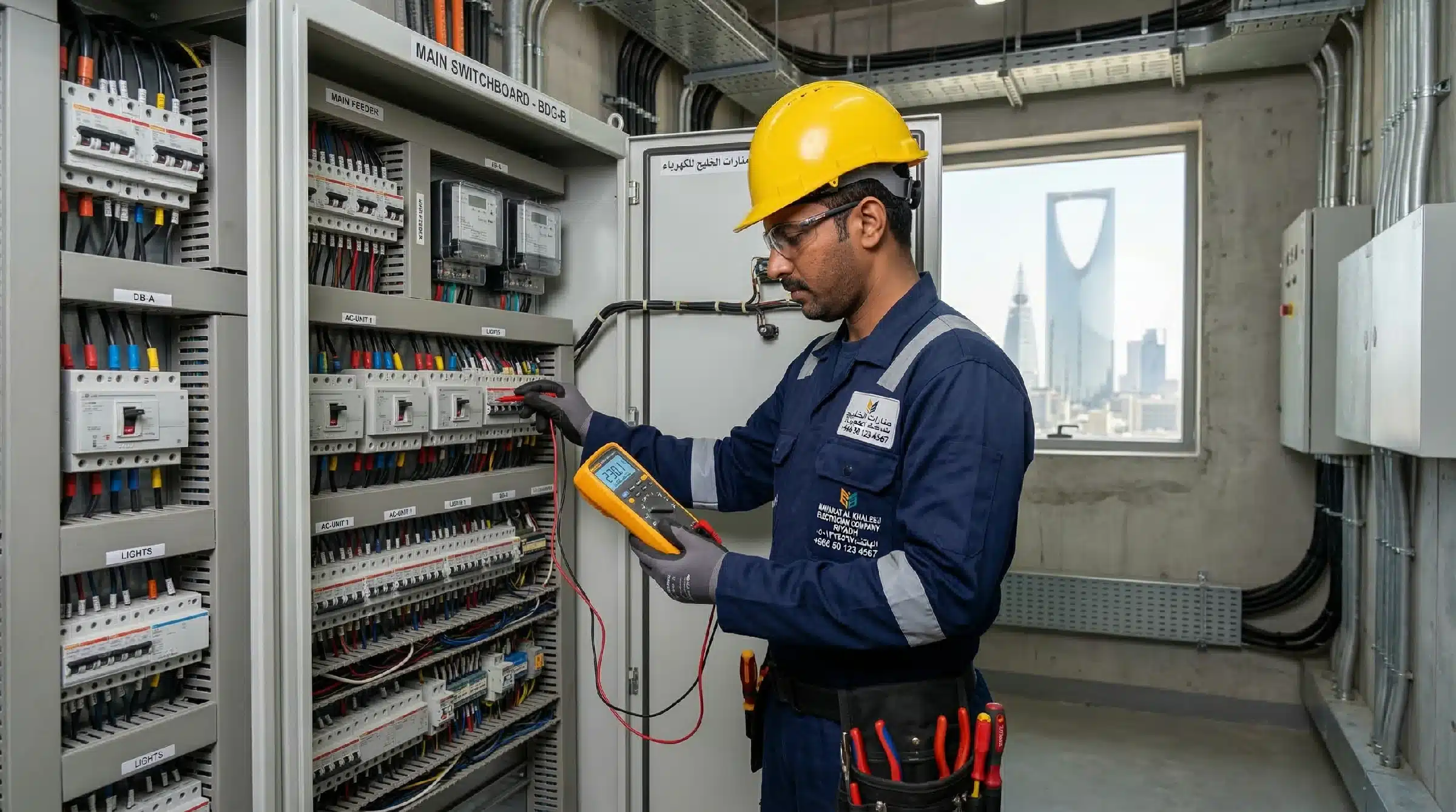 فني كهرباء محترف يقوم بفحص لوحة مفاتيح في الرياض باستخدام رقم فني كهرباء بالرياض