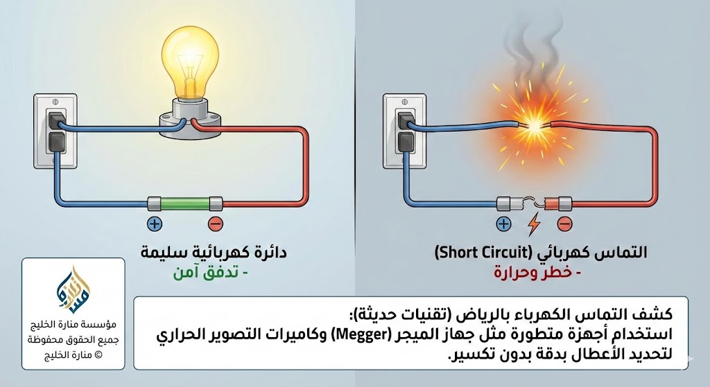 رسم توضيحي يبين الفرق بين الدائرة الكهربائية السليمة والتماس الكهرباء مع شرح كشف التماس الكهرباء بالرياض