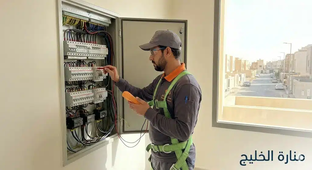 فني كشف أعطال الكهرباء بالرياض يقوم بفحص لوحة التوزيع الرئيسية بدقة